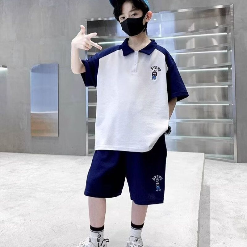 New Summer Boys Sets Korean High Street Fashion Kids lapel T-shirt Shorts 2 Piece Set High Quality Children's Sports Suits 2024