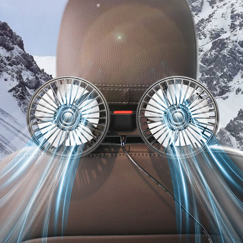 Вращающийся на 360 градусов Вентилятор охлаждения заднего сиденья автомобиля с двумя головками, USB зарядкой и вентиляцией на подголовник автомобиля