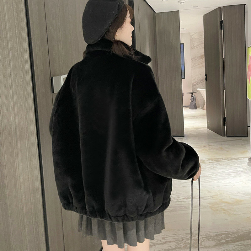 Abrigo de imitación de lana de cordero para mujer, chaqueta de felpa de piel de conejo sintética, cuello alto, informal, cálido, invierno, 2024
