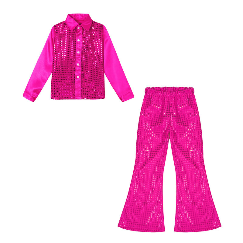 Kindermode Kinderkleding Outfits 2-delige Set Jongens Jazz Dansoutfit Glitterachtig Shirt Met Lovertjes En Lange Mouwen Met Wijd Uitlopende Broek