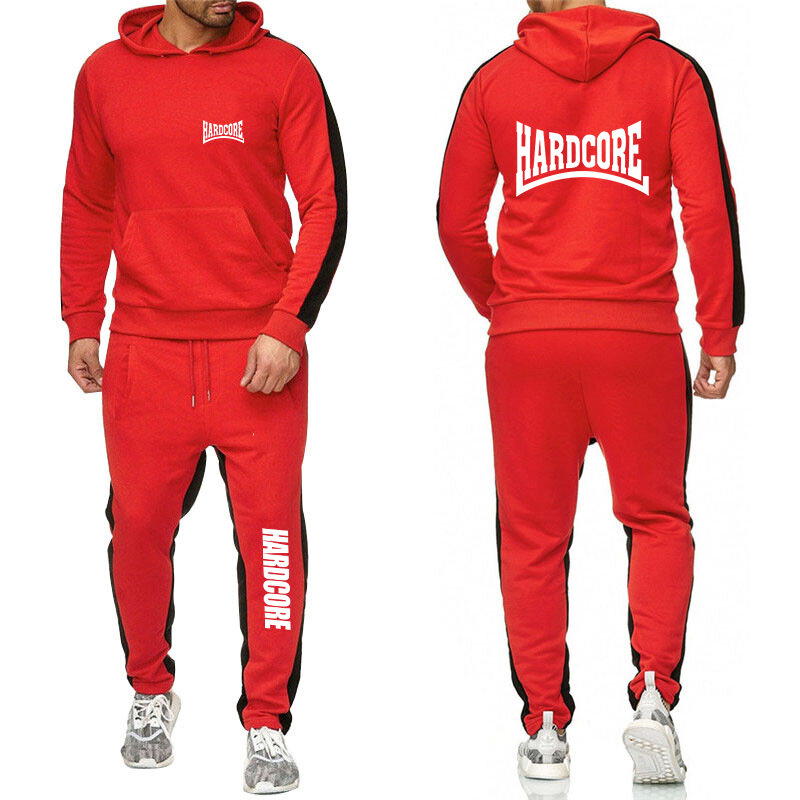 HARDCORE Printed Hoodie Sweatpants Tracksuit Men's Hooded Sweatshirt+Pants Pullover Sportwear Suit Clothes 2 Pieces Sets