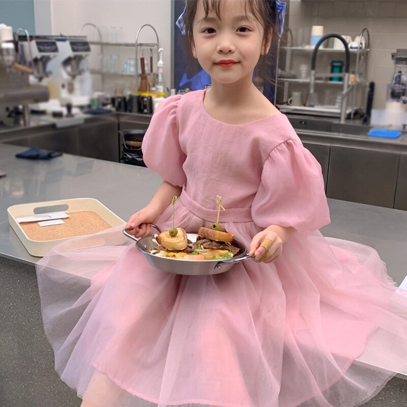 Children's Girl Big Bow Mesh Splicing Dress Solid Color Short Sleeves Princess Dress Girls Brocade Backless Dress Puffy Skirt