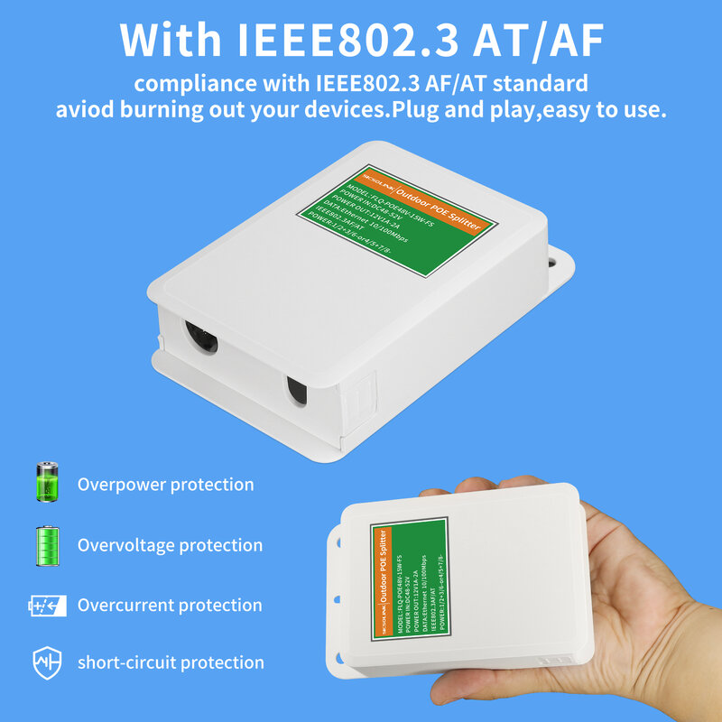 Waterproof POE Splitter 10/100Mpbs 48-52V input to DC 12V 1-2A output RJ45 to DC 5.5mm x 2.1mm power supply Support IEEE802.3 Af