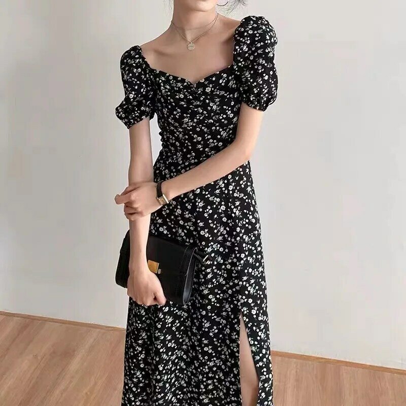 Французское Милое Платье First Love с квадратным вырезом и рукавами-фонариками, маленькое Клубное платье с цветами, черная темпераментная длинная юбка