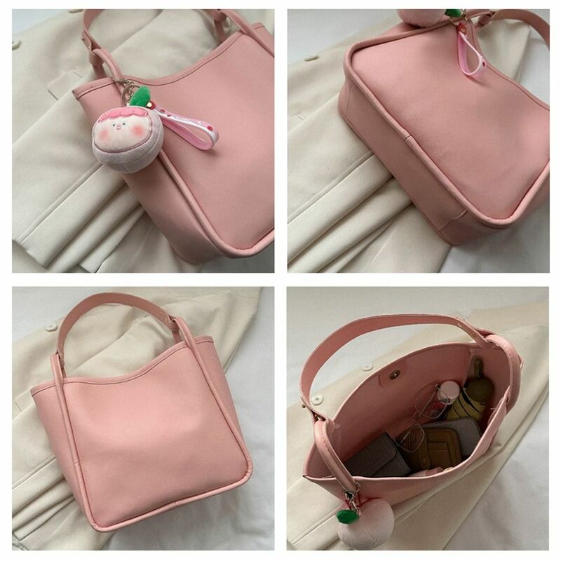 Bolso de mano de cuero PU estilo Ins para mujer y niña, bolsa de hombro de cubo coreano de gran capacidad suave, bolso de compras de Color sólido