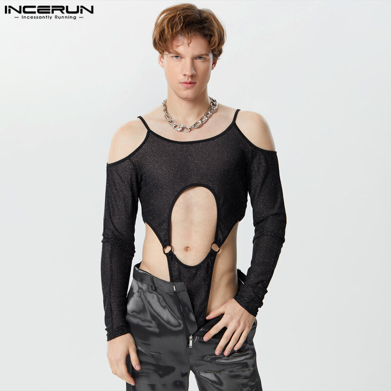 Incerun-bodysuits sólidos e brilhantes masculinos, manga comprida, macacão fora do ombro, oco, malha, transparente, macacão irregular, masculino, 2024