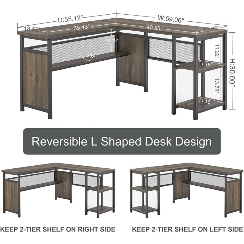 L geformter Computer tisch, industrieller Home-Office-Schreibtisch mit Regalen, reversibler Eck schreibtisch aus Holz und Metall (Walnuss braun, 59 Zoll)
