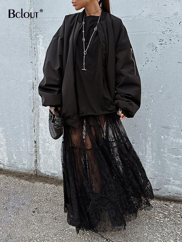 Bclout-Jupe longue noire en dentelle pour femme, chic, décontractée, couleur unie, fine, transparente, sexy, fête, 2024