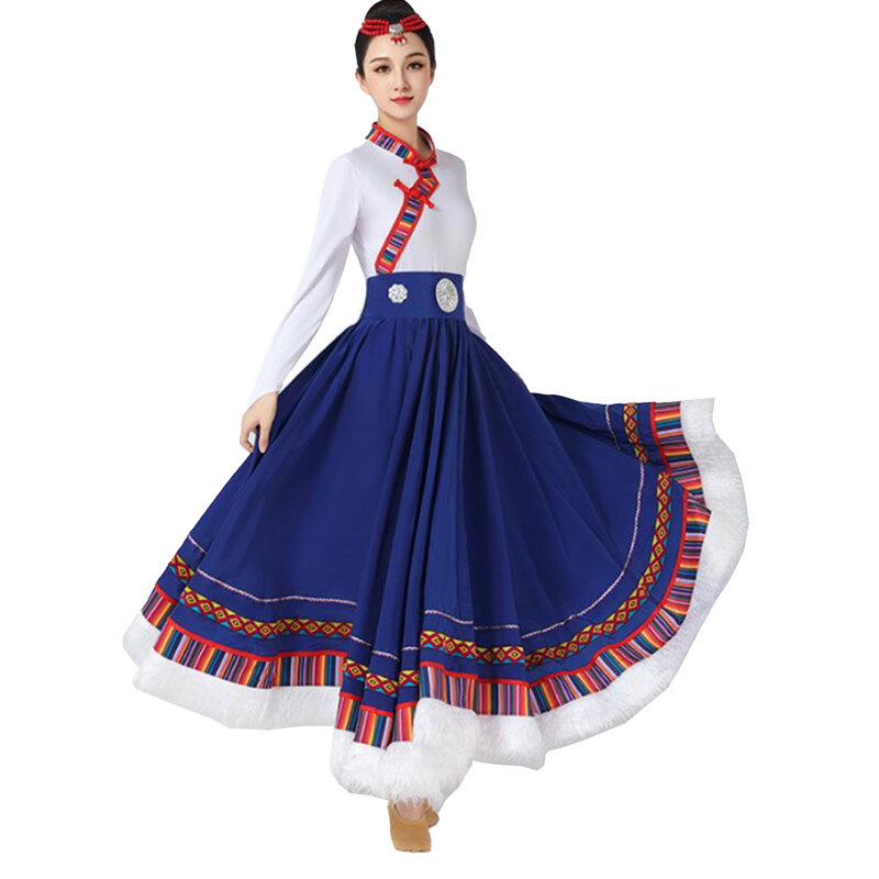 Womens Folk Dance Costumes Colorful Stripes Long Sleeve Tops Faux Fur Trim Wide Hemline Ruffled Flared Maxi Skirt Belt Headwear