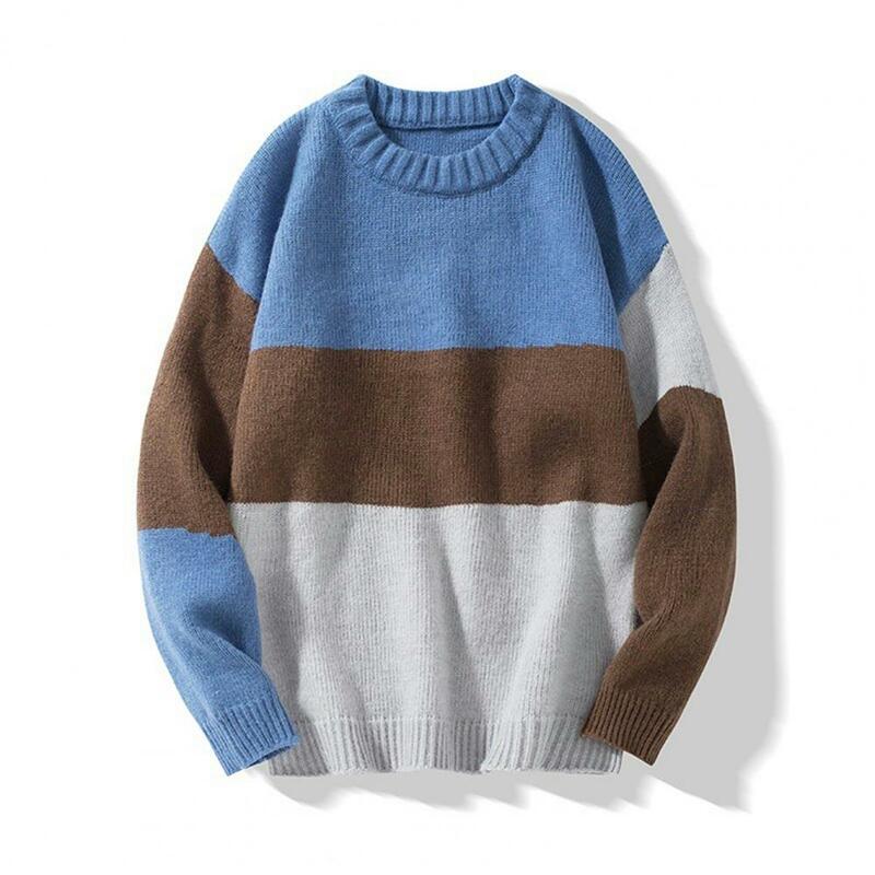 Мужской свитер свободного покроя, трикотажный свитер с цветными блоками, мужской свитер с круглым вырезом и длинным рукавом для осени и зимы, плотный, эластичный, теплый