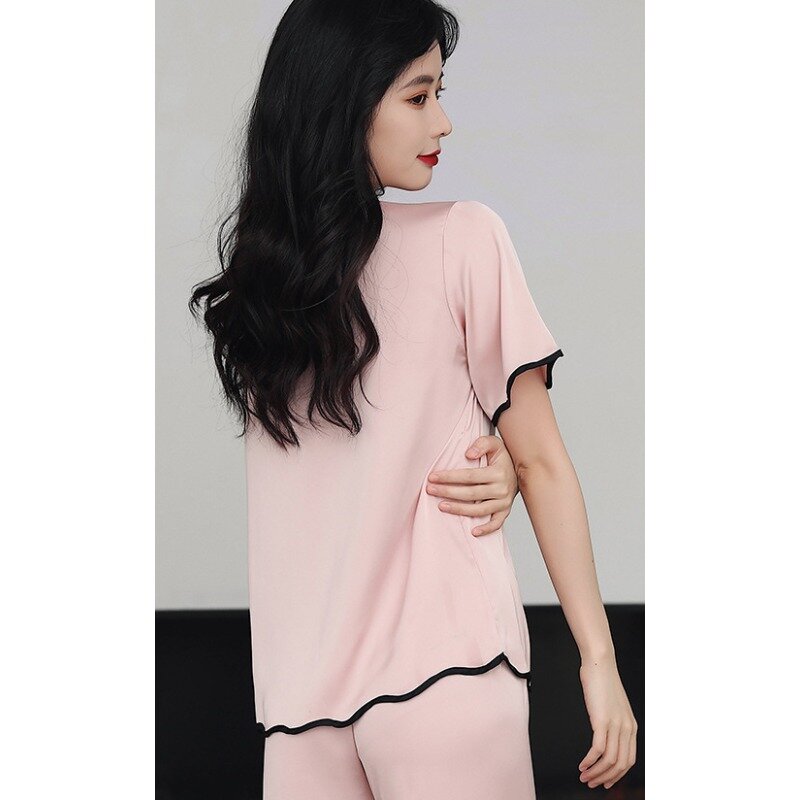 Spring Summer Silk Pajamas Women's Short Sleeved Long Pants Set Oversized Loose Solid Color Ruffled Edge Casual Home Clothing