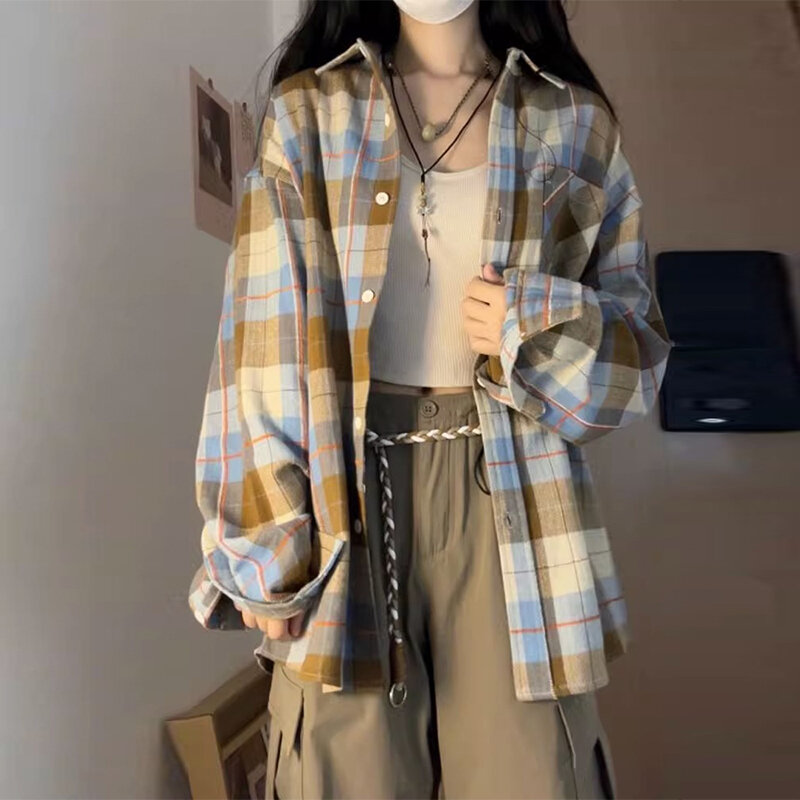 여성 체크무늬 긴팔 셔츠, 얇은 코트, 일본 레트로 셔츠, 루즈핏 디자인 상의, 신상