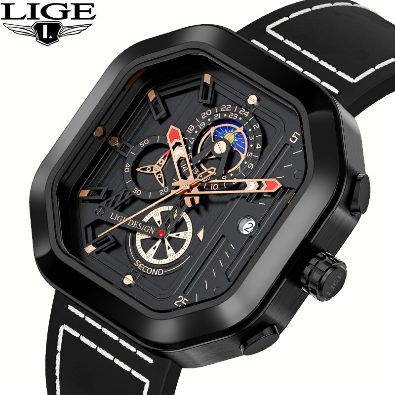 LIGE Square Fashion Luxury Men Watch Quartz Men's Watches Leather Strap Waterproof Chronograph Wristwatch Man Clock Reloj Hombre