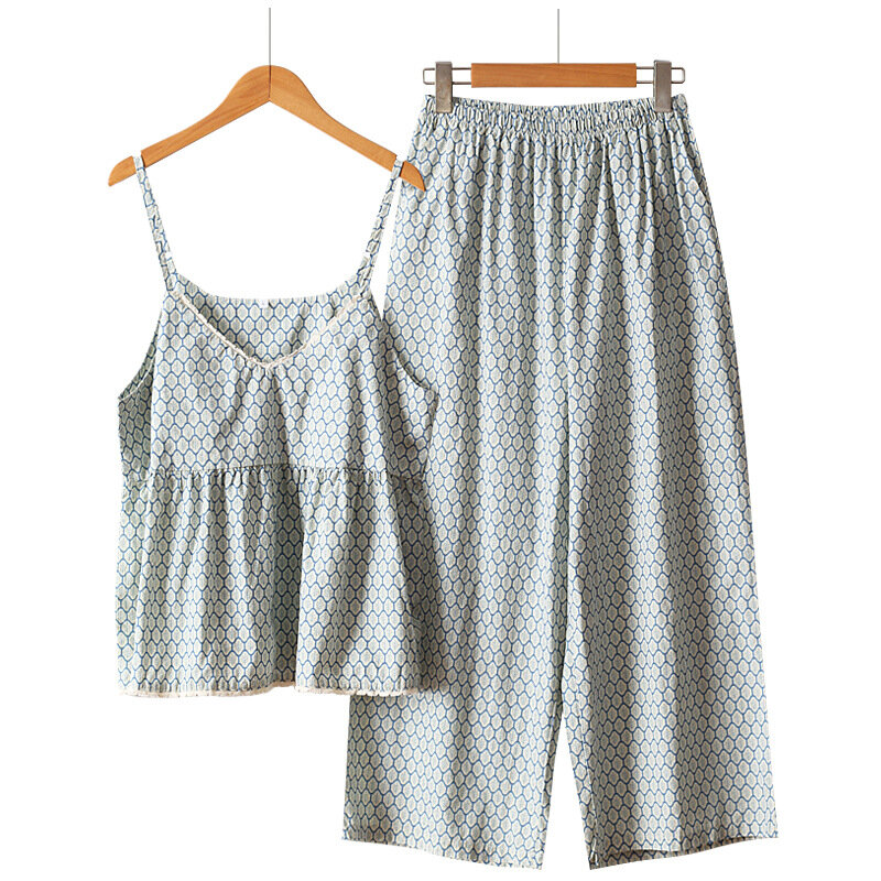 Calças suspensas de algodão pijama para mulheres, alça de espaguete, encaixe solto, casual, roupa doméstica, primavera, verão, 2 peças