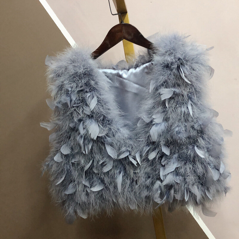 Musim Gugur Musim Dingin Bulu Burung Unta Rompi Bulu Kalkun Wanita 3D Kelopak Pendek Rompi Wanita Elegan Tanpa Lengan Mantel Bulu Pluffy Y3242