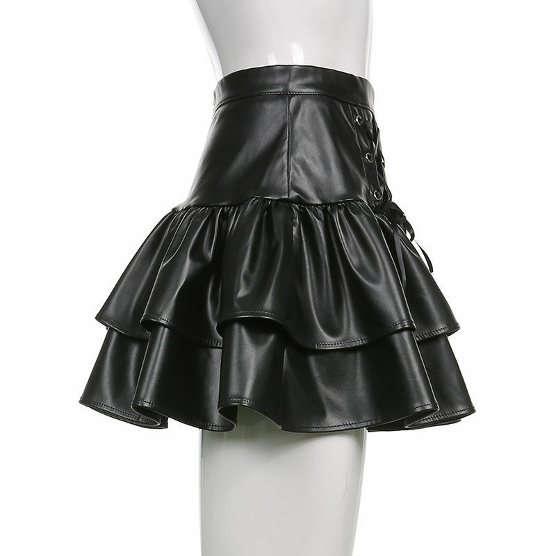 Mini saia de couro PU feminina, Y2K, moda Harajuku, com cintas escuras, casual, retrô, chique, cintura alta, arco, fino, plissado
