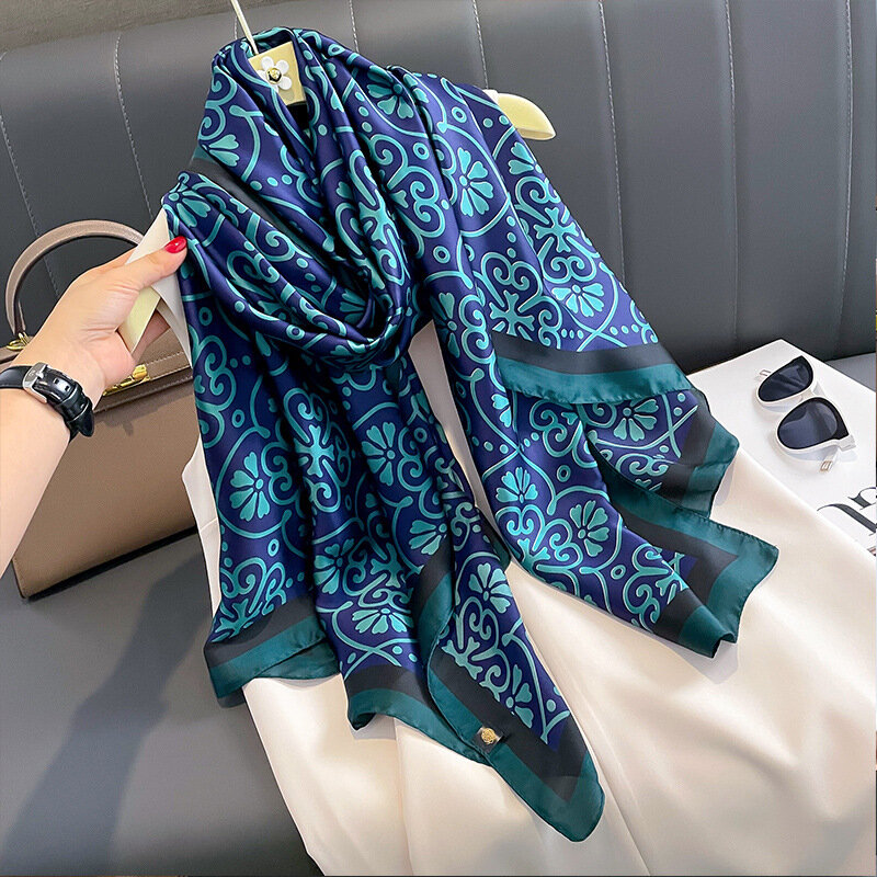 Die vier Jahreszeiten Mode Hijab Frauen warm 180x90cm Seiden schal Luxusmarke 2024 Print Schals beliebtes Design Satin Finish Schals