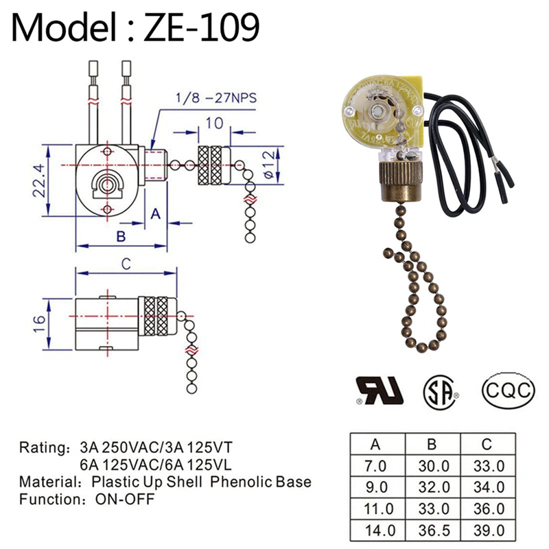 Ceiling Fan Light Switch Zing Ear ZE-109 Two-Wire Light Switch with Pull Cords for Ceiling Light Fans Lamps 2Pcs Bronze