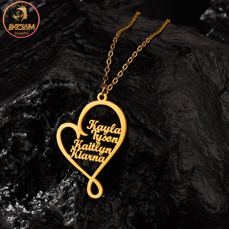 Akizoom Custom Name Necklace Gold Color Multiple Names Stainless Steel Big Heart Choker Pendant Jewelry for Women Gift
