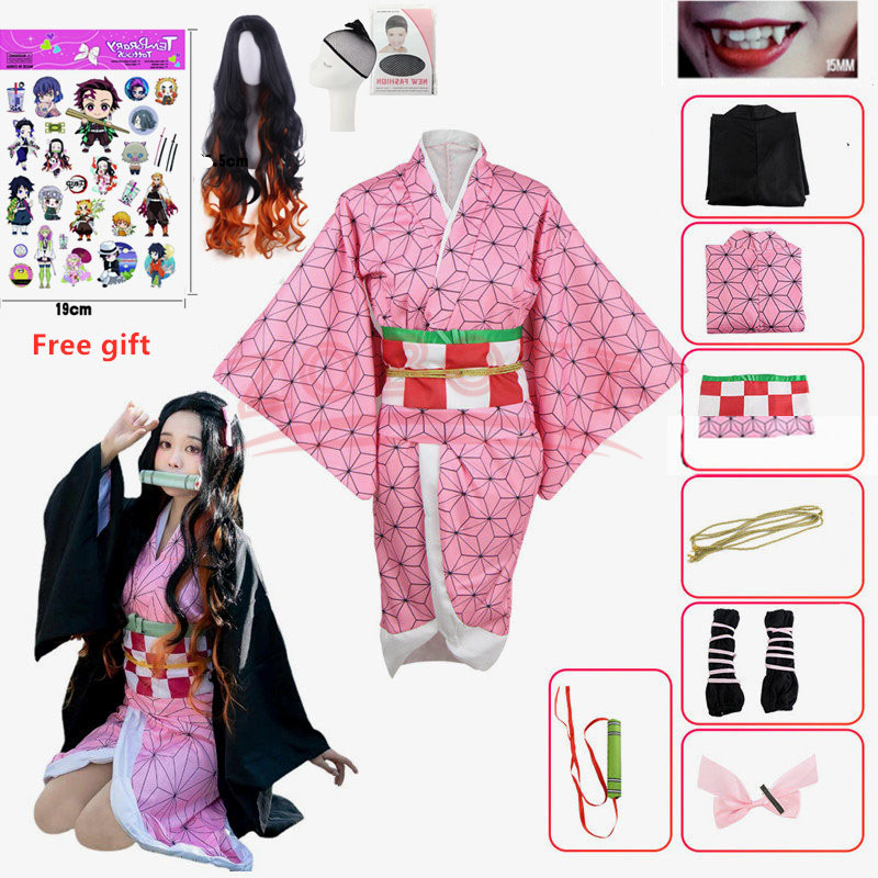 Disfraz de Anime Demon Slayer Nezuko, Kimono Kimetsu No Yaiba, disfraz de Kamado Nezuko, peluca, ropa de uniforme de Kimono para mujer y Niña