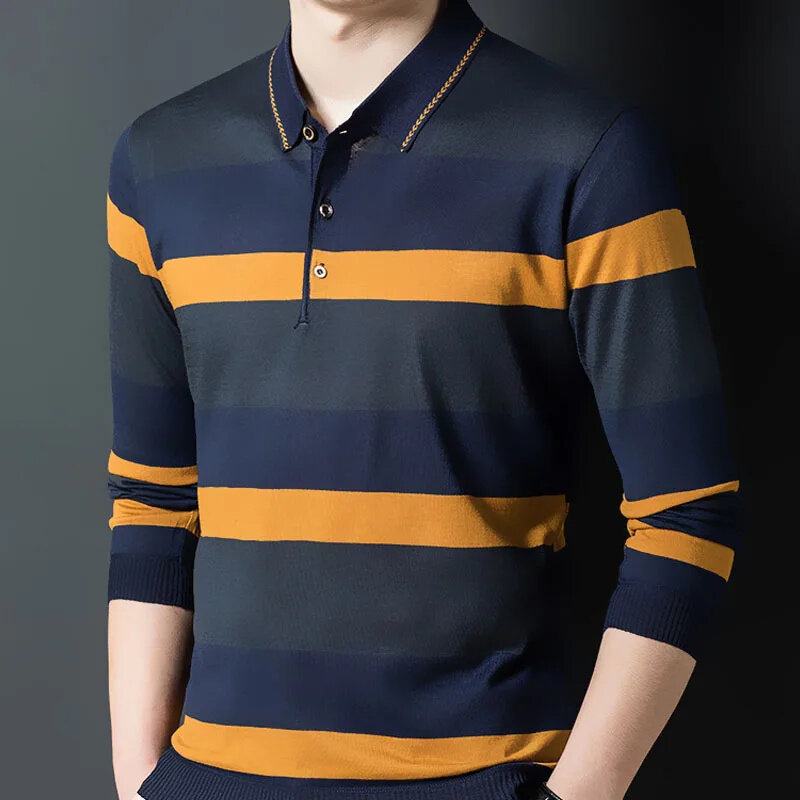 Camisa a rayas de Color de contraste para hombre, ropa informal de oficina de negocios, manga larga, cuello Polo, otoño e invierno, tendencia