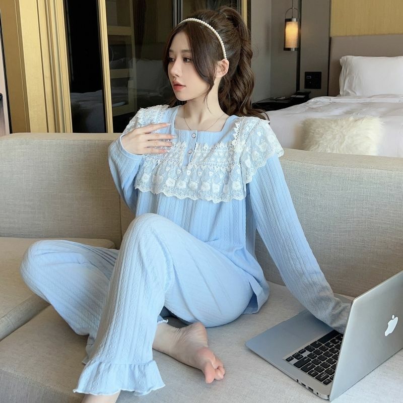 Women Pajamas 2024 New Jacquard Combed Cotton Square Collar Lace Sleepwear Set Korean Style Large Size Female Homewear Suit