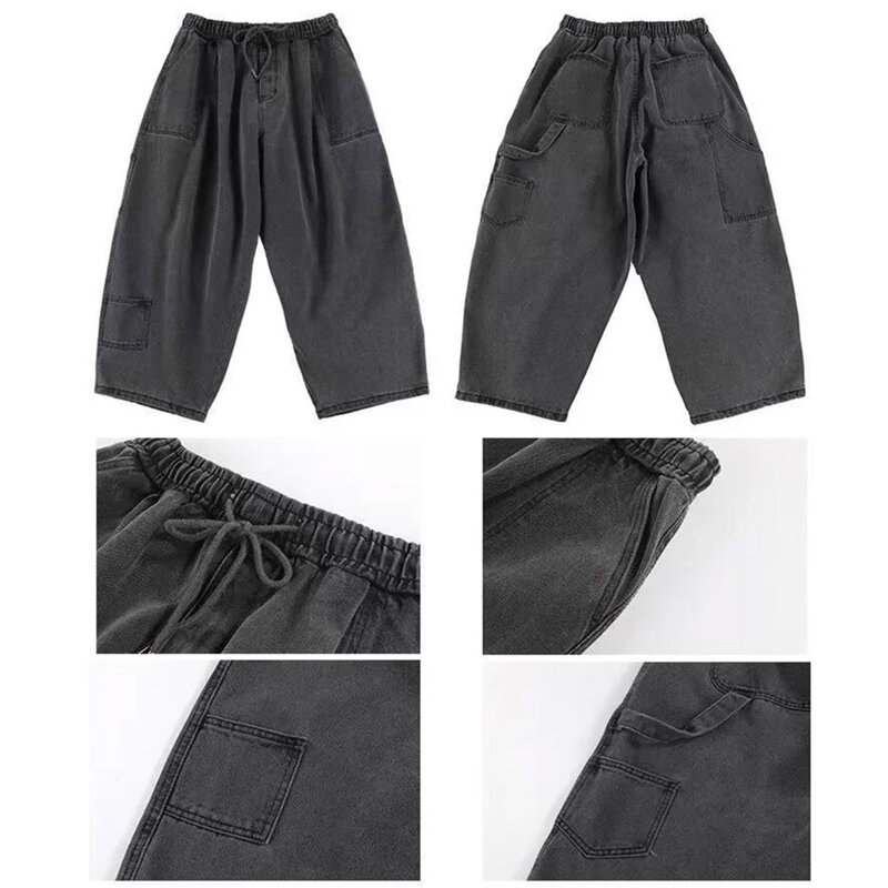 Mens Pants 1 Pc Black Cotton Blend Japanese Harajuku Loose Wide Leg Cargo Pants Multi-pocket Jeans Fashion Mens
