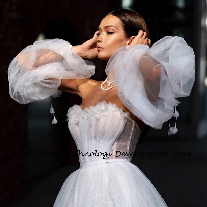 COZOK Strapless Wedding Dresses for Women Side Slit Soft Tulle Full Sleeve Bridal Gowns with Applique 2024 Vestidos De Novia