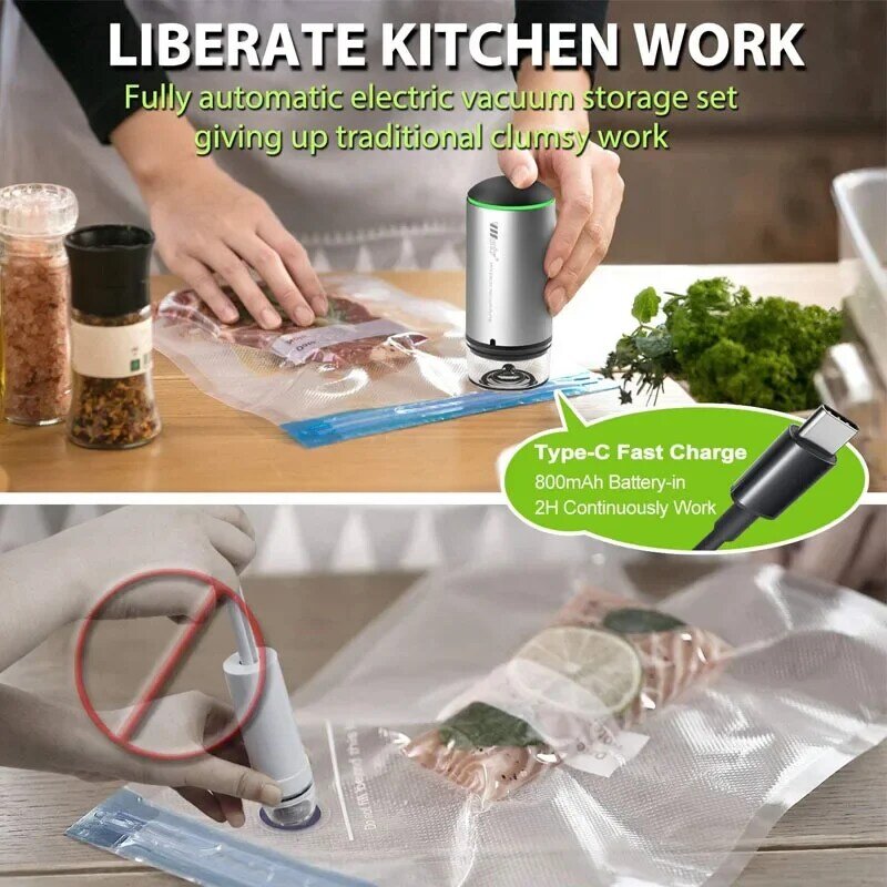 Reusable Vacuum Food Storage Bag Food Vacuum Sealer Sous Vide Bags USB Rechargeable Handheld Vacuum Air Pump Kitchen Gadget