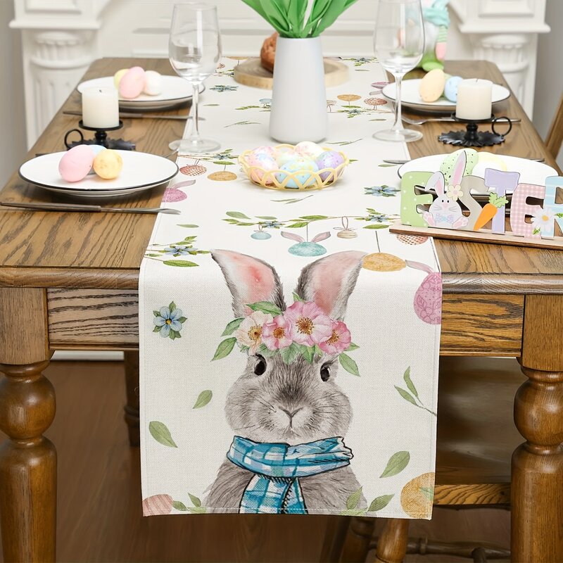 عداء طاولة أرنب عيد الفصح ، عدائين طاولة كتان بيض ملون ، أوشحة مضمد ، مطبخ بيت ريفي وتزيين حفلة تناول الطعام