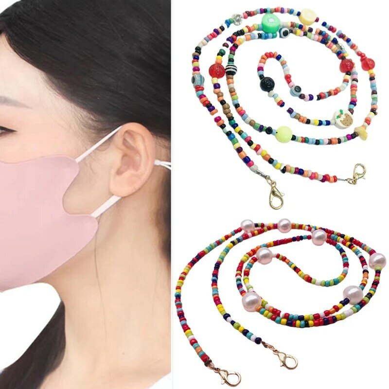 Perhiasan Multiwarna Tempat Masker Wajah dengan Klip Kalung Manik-manik Dekoratif Kacamata Rantai Menggantung