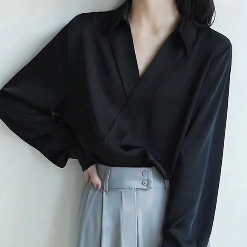 Рубашка женская с V-образным вырезом, крутая простая универсальная мешковатая блуза в Корейском стиле, мягкая модная повседневная шикарная одежда для офиса, лето