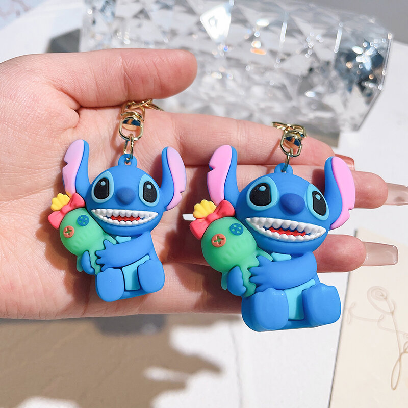 Gantungan kunci Gel silika jahitan lucu kartun Lilo & Stitch gantungan kunci Anime Disney liontin untuk tas gantung hadiah perhiasan