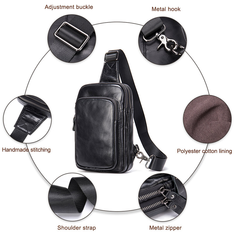 WESTAL 100% tas selempang kulit sapi asli tas kurir pria untuk pria tas dada hitam untuk ponsel kasual olahraga tas bahu