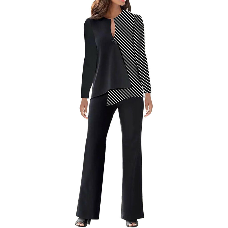 Setelan pakaian bisnis wanita, setelan jas dua potong atasan lengan panjang leher V celana kaki lebar musim gugur