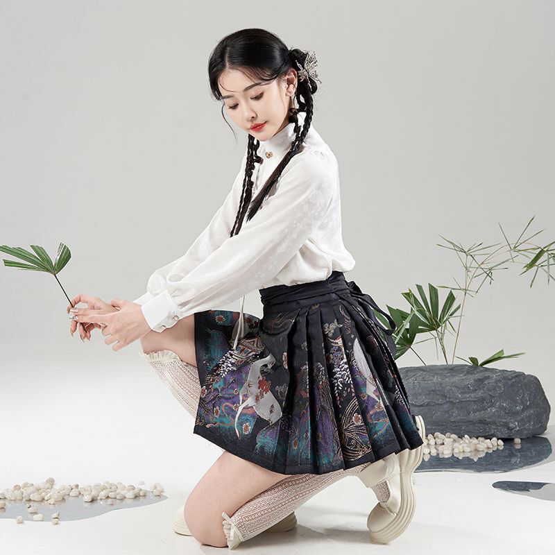 Minissaia feminina plissada estilo chinês, saia cara de cavalo, estampa requintada, cintura alta, combina com tudo, dinastia Ming melhorada