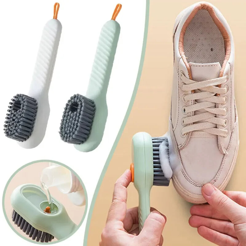 Escova de limpeza multifunções, escova macia e automática para sapato líquido, cabo comprido, com gancho, ferramenta para roupa e sabão