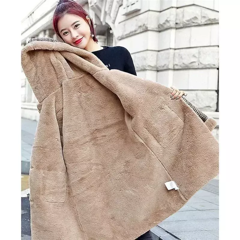 2024 Winter New Women's Woolen Outerwear Skin Hair One Body Add Velvet Add Thick Keep Warm Jacket Medium Long Hooded Woolen Coat