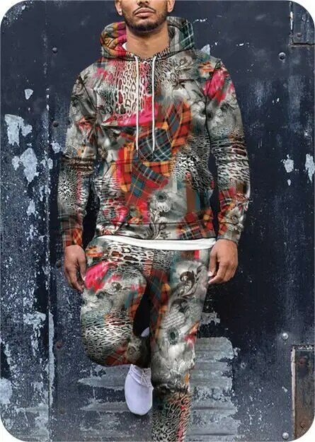 2023 outono inverno dos homens 2 peça conjunto oversized agasalho hoodies leopardo impresso jogging terno de lã + moletom