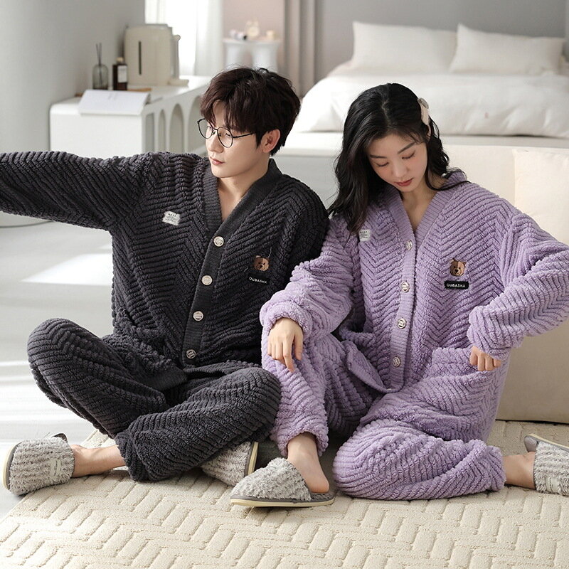 Conjuntos de pijamas de franela gruesa para hombre y mujer, ropa de dormir con dibujos animados coreanos, suave y cálida, 2 piezas, invierno, 2024