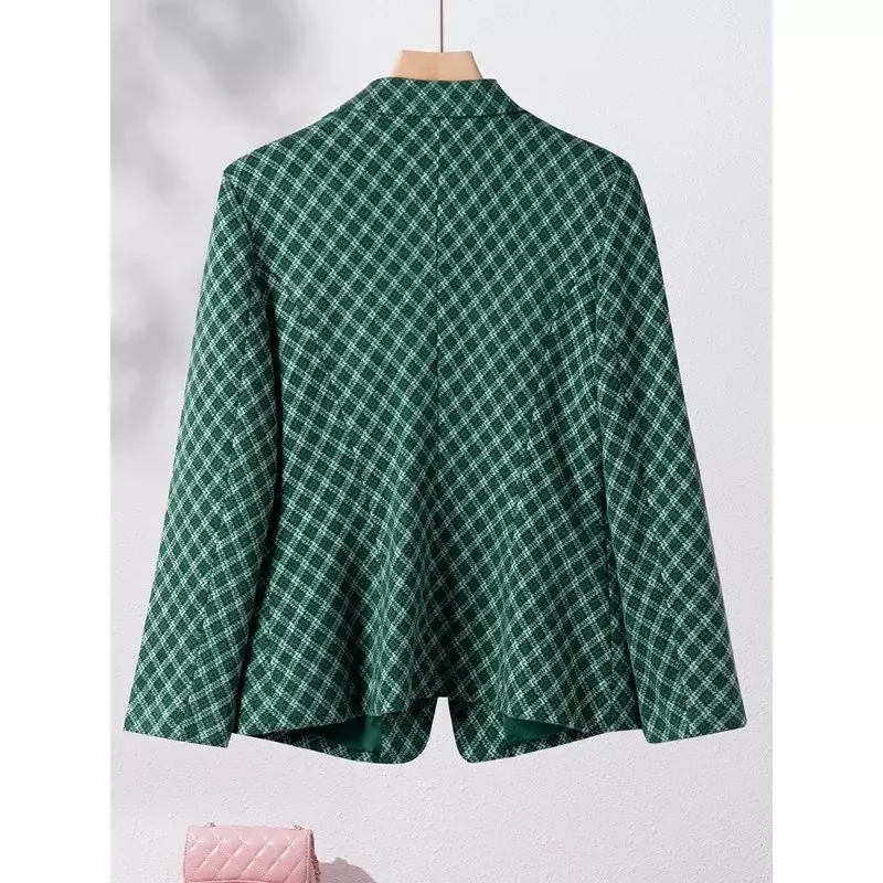 Blazer xadrez com bolso para mulheres, jaqueta casual para senhoras, manga longa, botão único, verde e cinza, casaco outono e inverno