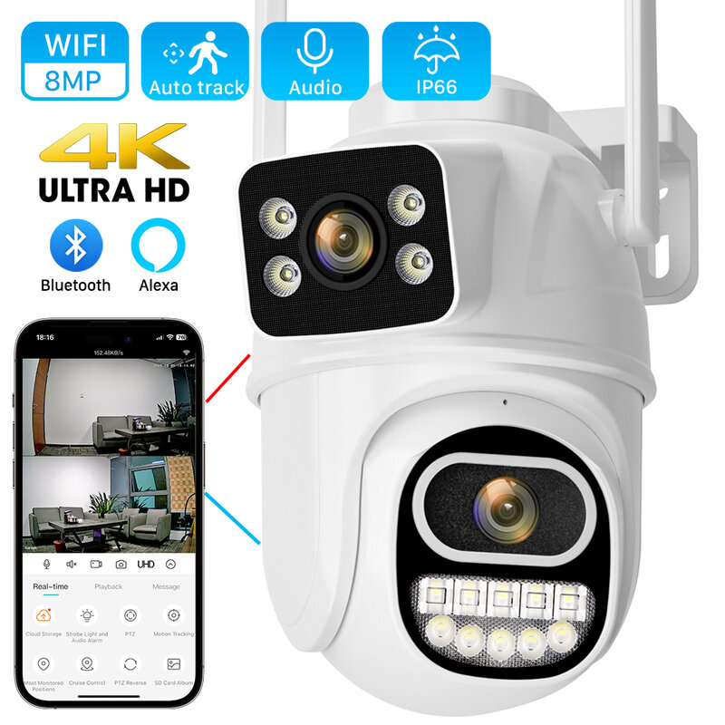 PTZ Wifi 무선 야외 감시 카메라, 듀얼 스크린, 자동 추적 카메라, 인간 감지, 자동 감지, iCSee 앱, 4K, 8MP