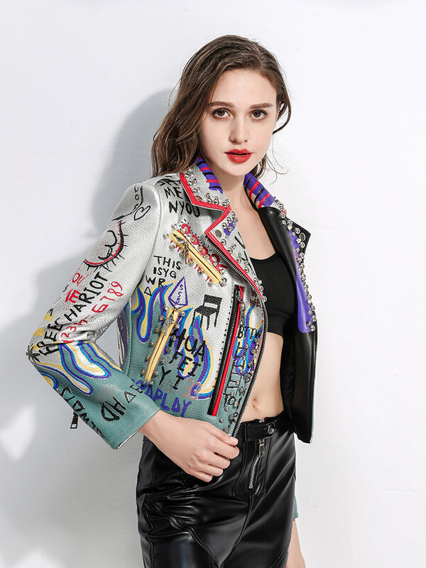 Leather Coat Women's Short Fashionable High-End Slim-Fit Colorful Geometric Pattern Printing Trendy Design Suit Collar Pu Jacket
