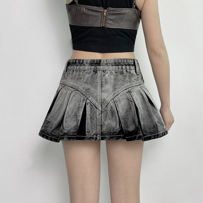 Krótka Mini spódniczka wyprana szaro-gradientowa plisowana Super damska jeansowa spódniczka o wysokiej talii 2024 lato nowa moda