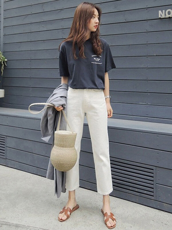 Solid white women jeans streetwear y2k aesthetic boyfriend jeans for Women's pants korean fashion ankle length denim pants