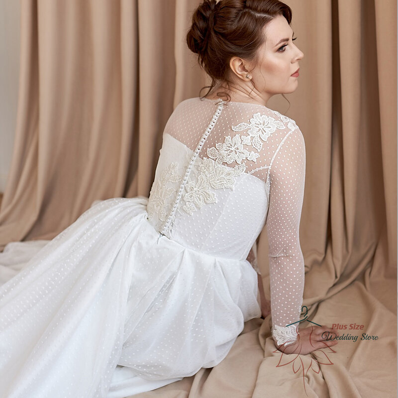 Classic Wedding Dress For Women 2023 O-Neck Full Sleeves Lace Applique Bride Gown Tulle A-Line Sweep Train Robe De Mariée