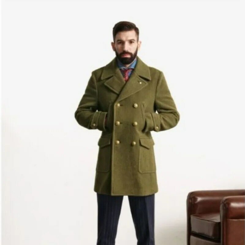 Зеленое Мужское пальто в стиле милитари с двурядными пуговицами, средней длины, с отложным воротником, в британском стиле, Осень-зима