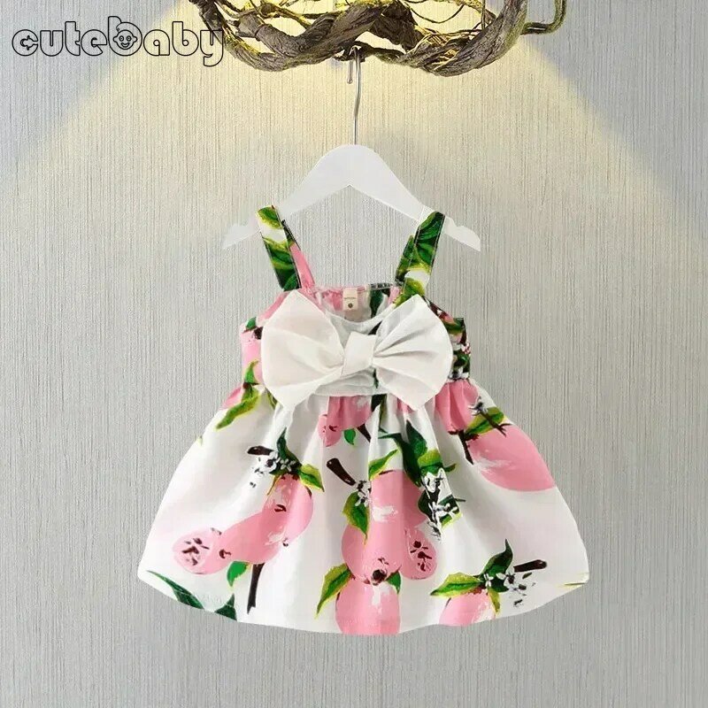 Nowa letnia dziewczynka sukienka duża kokarda niemowlę dziewczynka ubrania słodkie drukuj bez rękawów noworodka księżniczka sukienki dla dziewczynek
