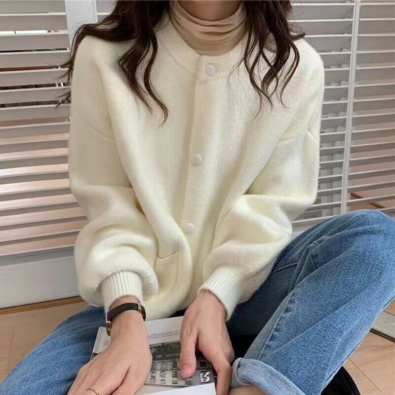 2023 jesienne koreańskie modny kardigan dzianinowy płaszcz luźne damskie zimowe długie sweter z rękawem jednolite ubrania z kieszonkowym nowym 29166