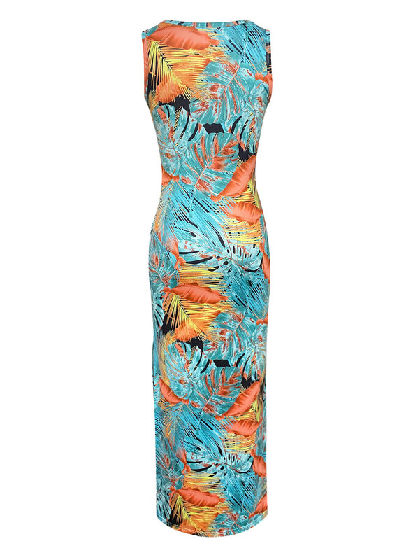 LW SXY gaun Maxi motif bunga wanita, Gaun panjang sepergelangan kaki tanpa lengan leher bundar belah samping tanaman tropis musim panas untuk liburan